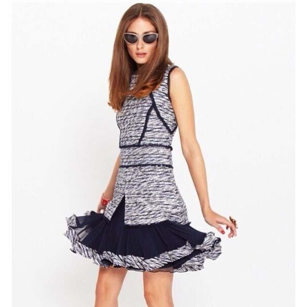 NWT. Oscar de la Renta silk-chiffon trimmed tweed dress Sz 0 blue